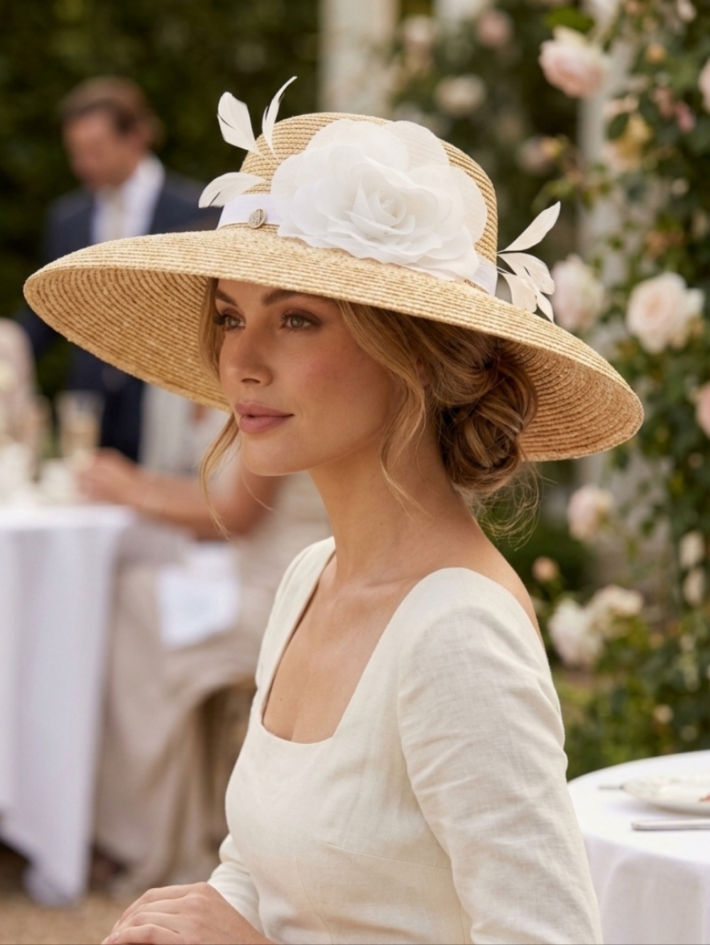 Callanan Millinery Straw Hat Wide-Brimmed Silk Flower Feathers Adjustable